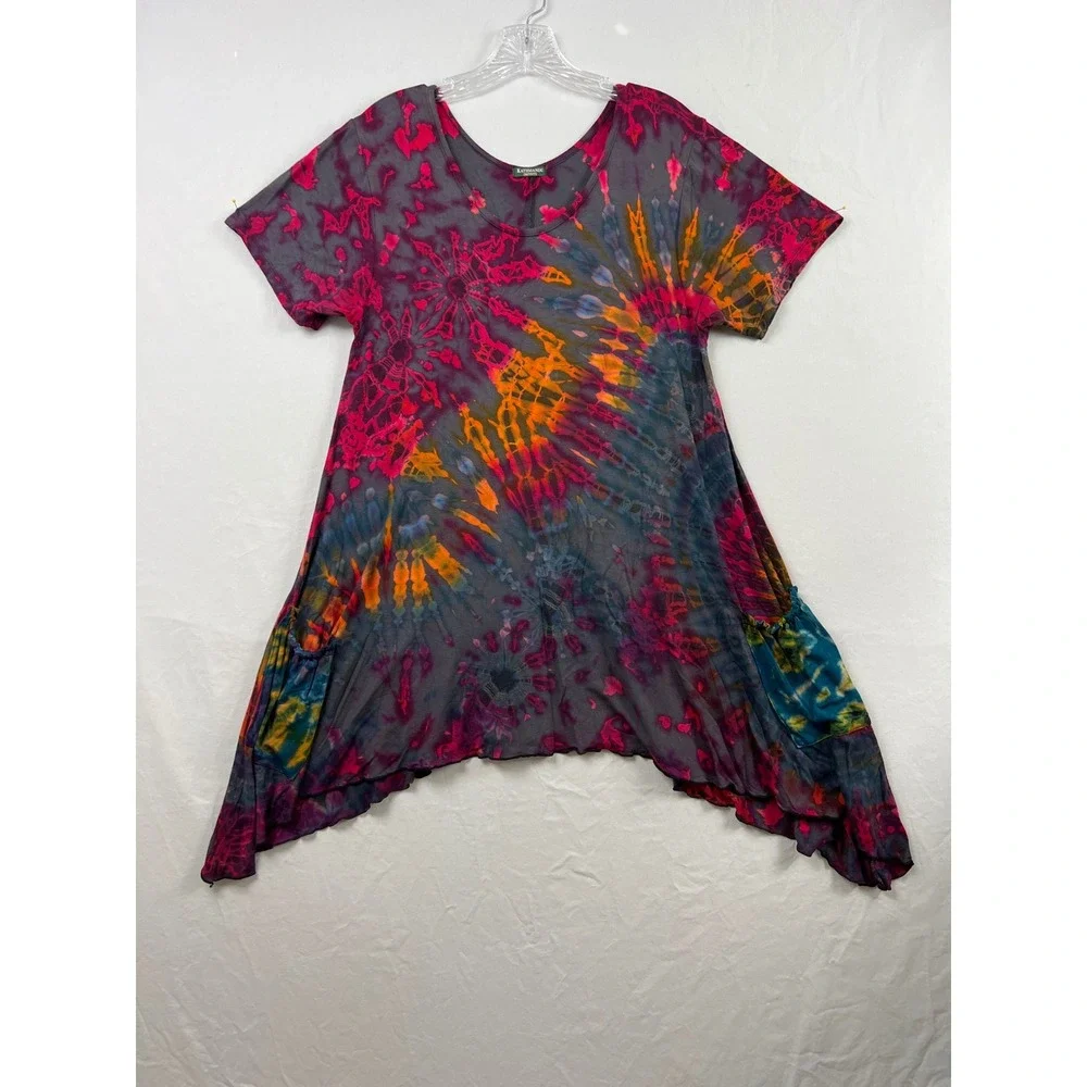 Kathmandu Imports Tunic Top Womens S/M Multicolor Tie Dye Stretch Boho Pockets - Picture 1 of 10